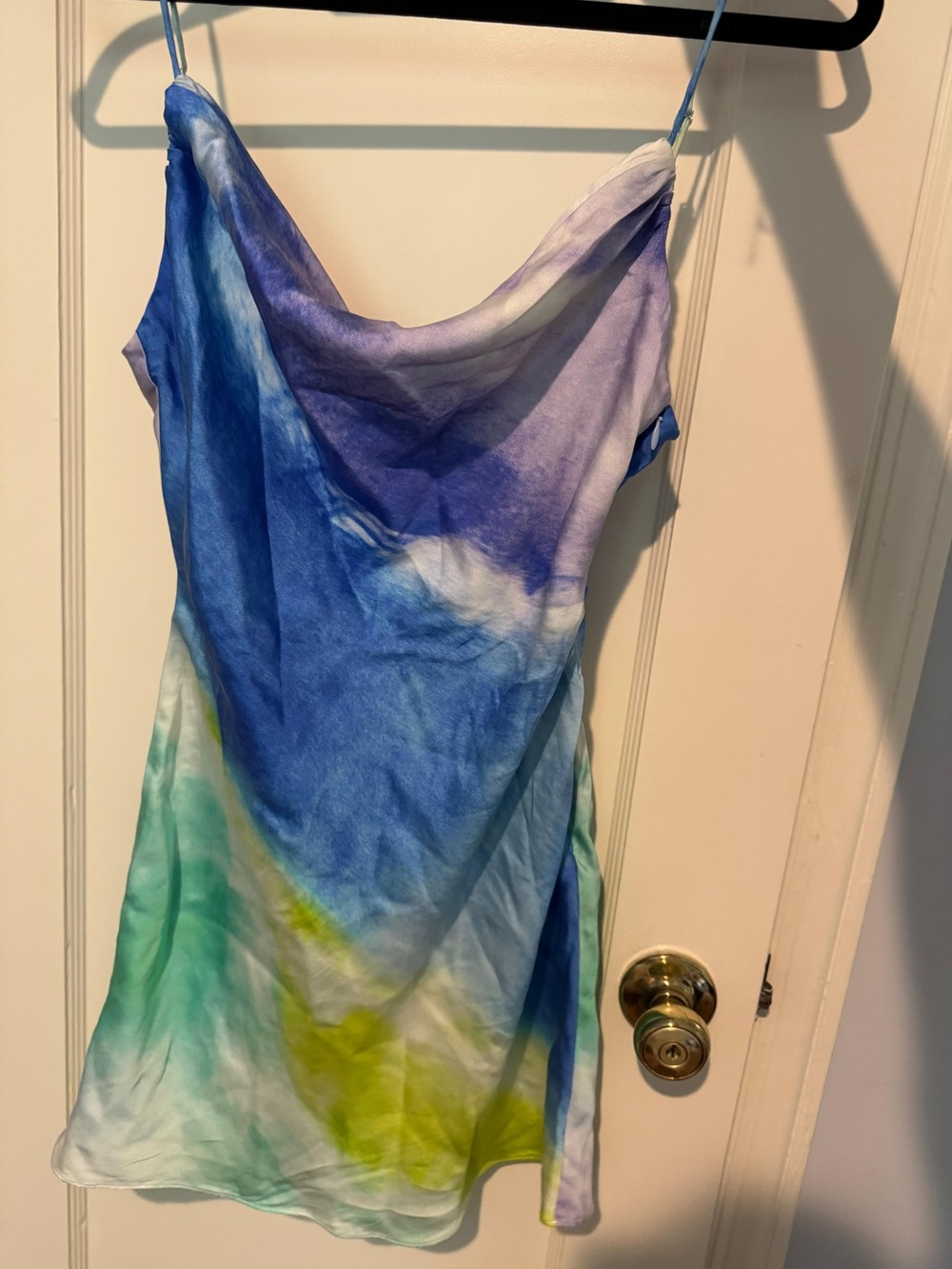 Retrofête Multicolor Satin Slip Dress in Blue, Purple, Green, and Yellow Hues
